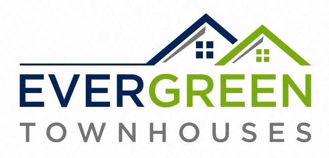 the logo for evergreen townhouse under a picture of a house